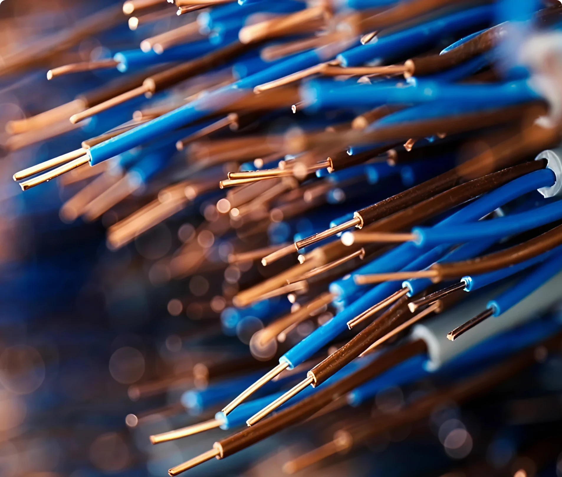 Close-up of intertwined copper and blue wires